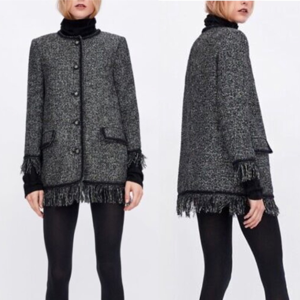 Zara Tweed Jacket With Metallic Gray Black Fringe Blazer